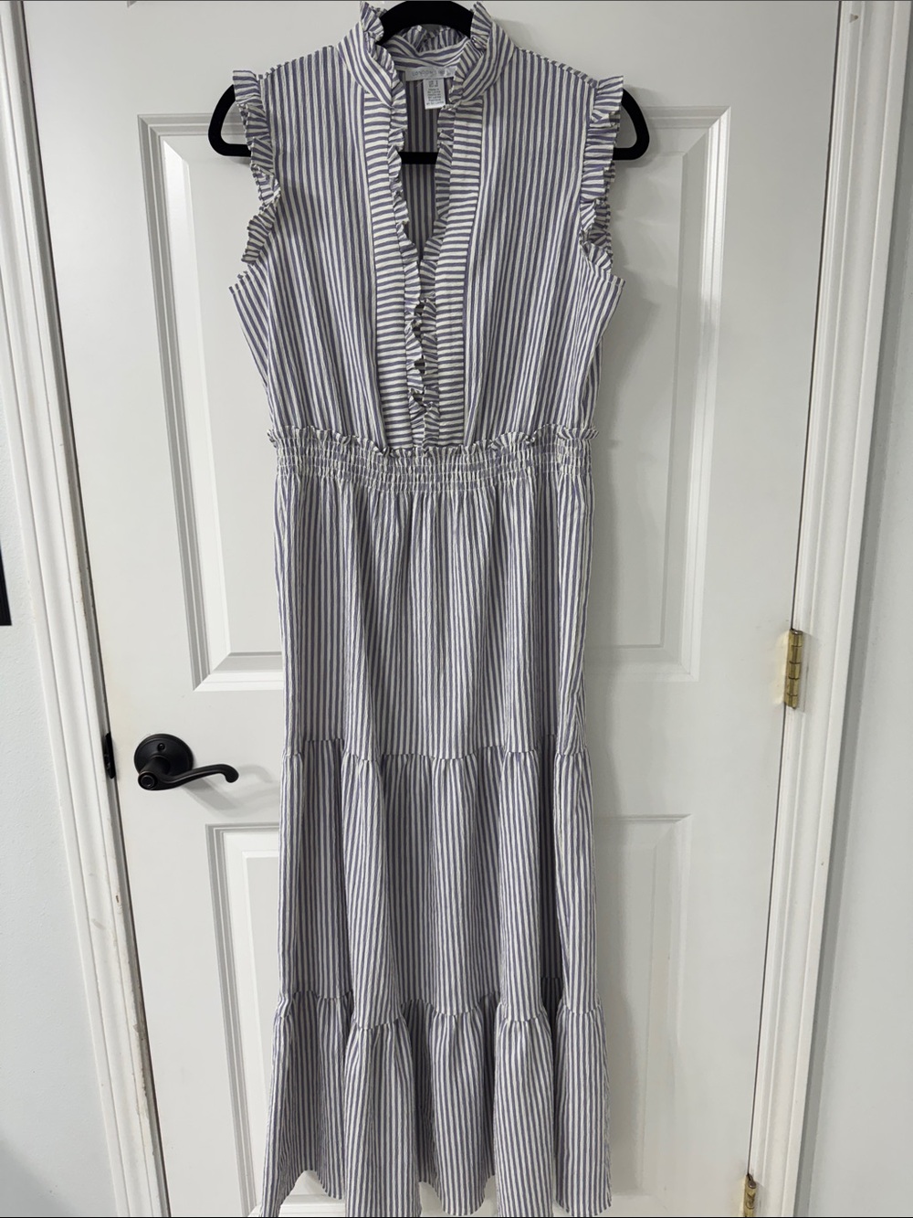 Sleeveless Striped Ruffle Midi Dress - Lavender/White